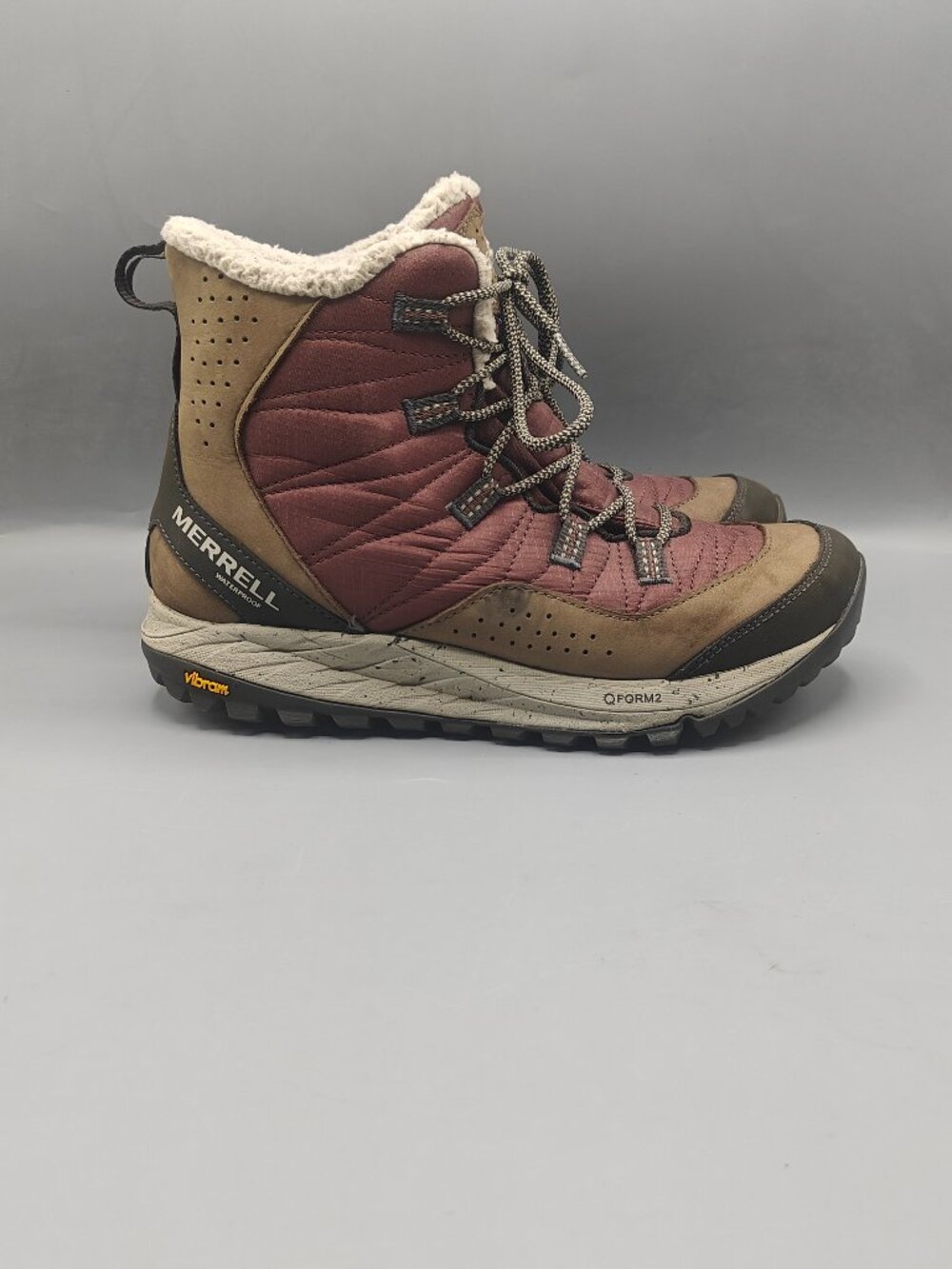 Merrell Women Antora Sneaker Boot Size 8.5 Waterproof Tan Maroon Lace Up Hiking